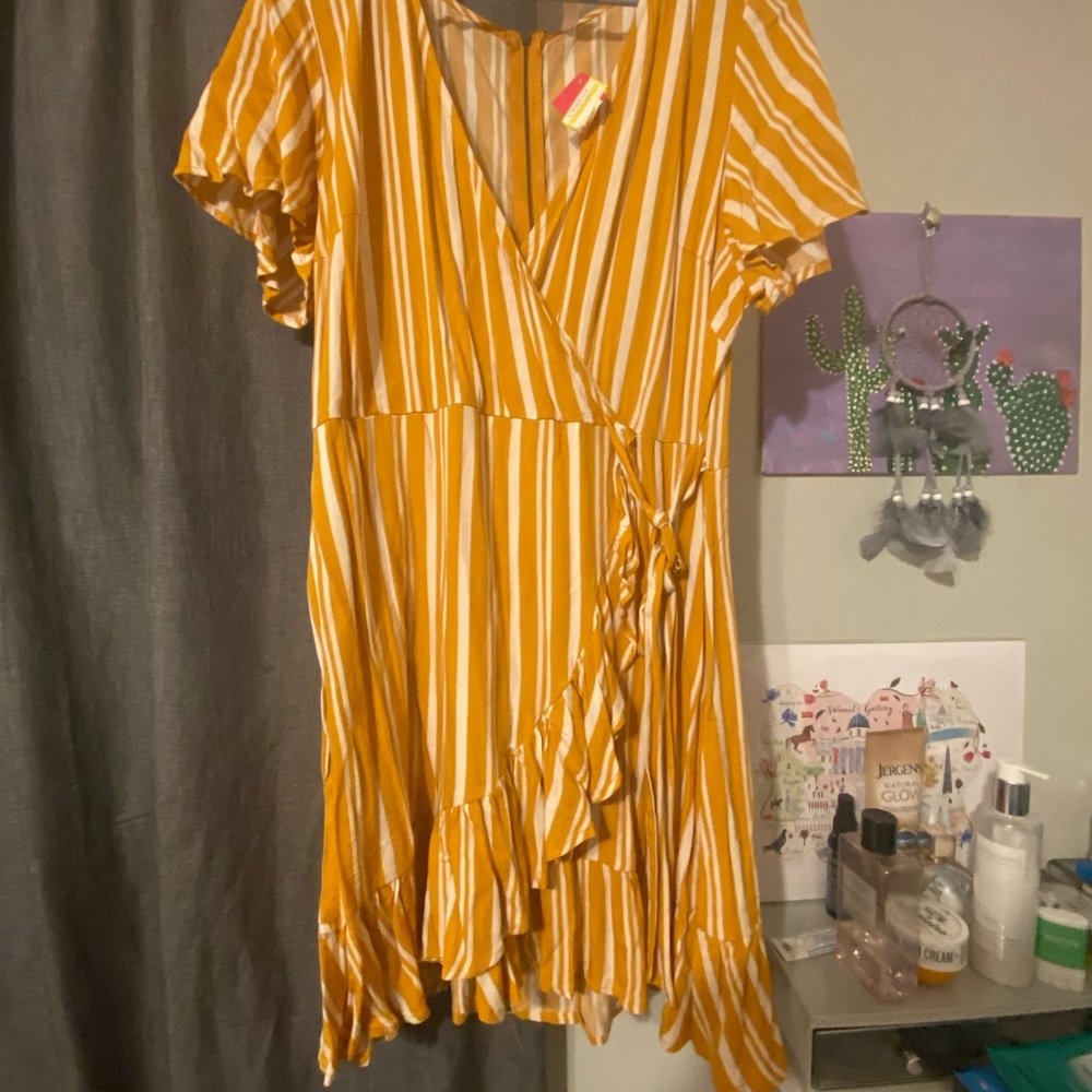 Yellow and white striped wrap dress. Size: Large Brand: Xhilaration by Target.